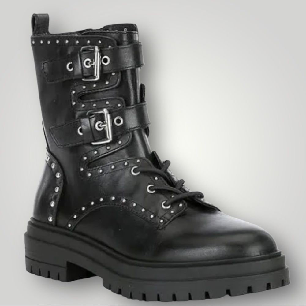 Chelsea & Violet Leather Studded Lace UpBuckle Detail Combat